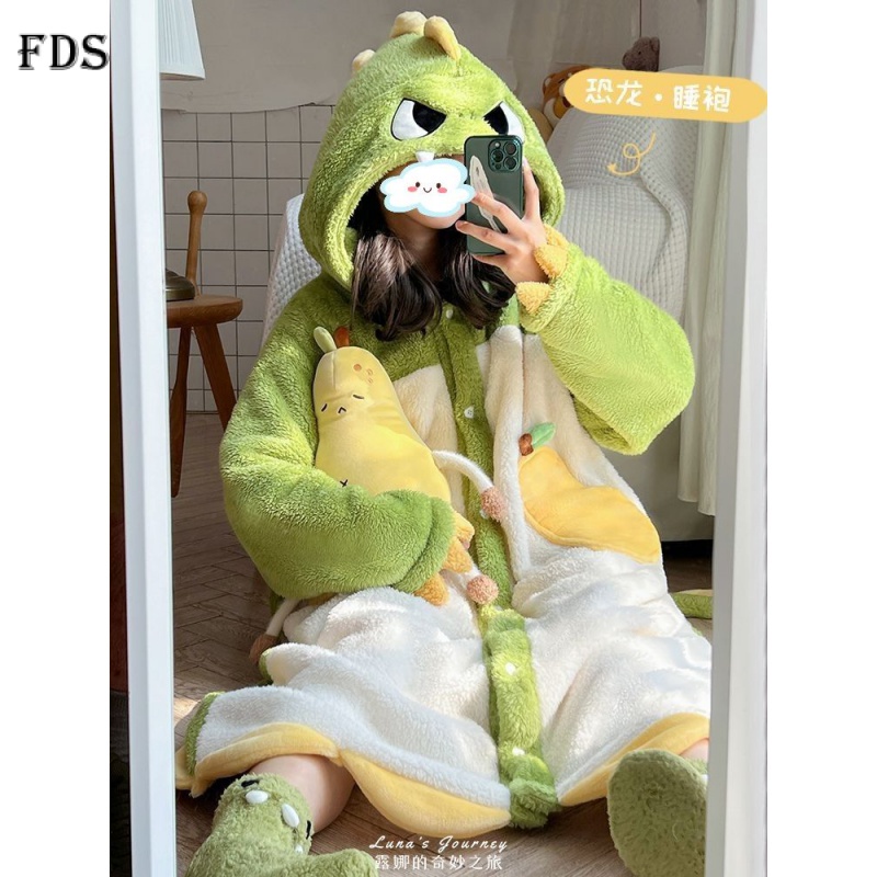 Fds Đồ ngủ Lông Cừu San Hô Dày Dặn In Họa Tiết Khủng Long Hoạt Hình Đáng Yêu Thời Trang Mùa Đông Cho Nữ one
