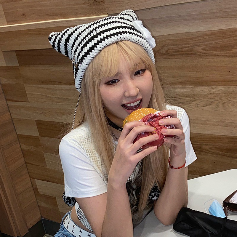 Y2k Mũ Len Dệt Kim Tai Mèo Họa Tiết Ngôi Sao Làm Thủ Công Mềm Mại Ấm Áp Mùa Đông Cho Thanh Thiếu Niên