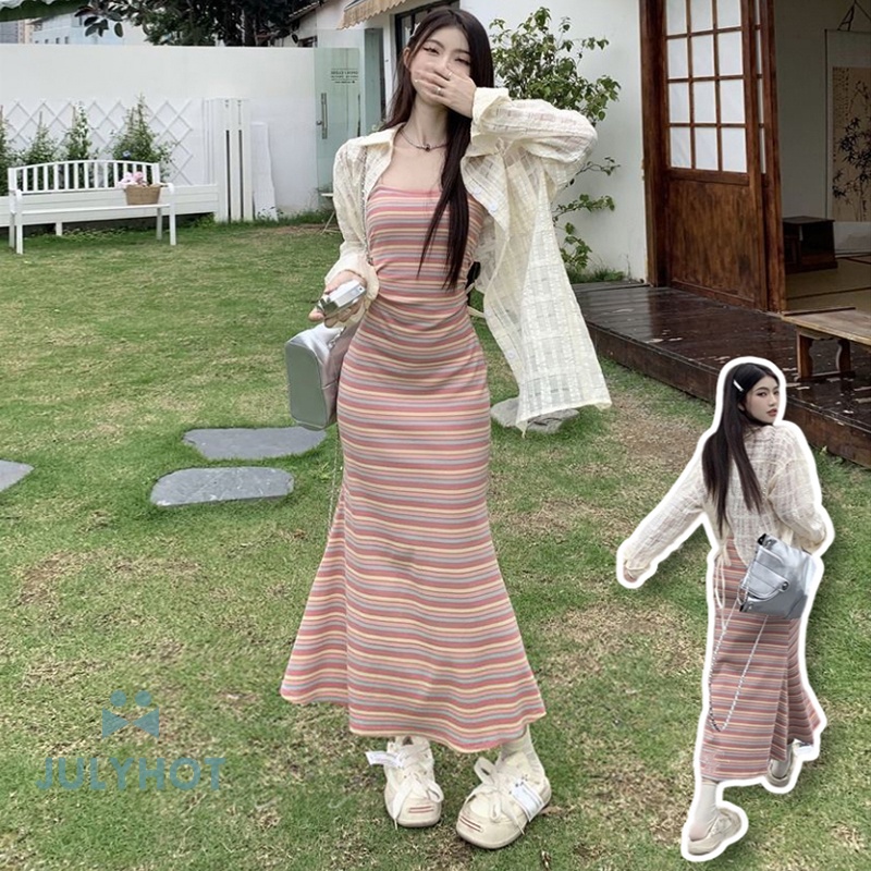 Đầm Không Tay Kẻ Sọc Màu Tương Phản Thanh Lịch Mùa Hè Cho Nữ vn