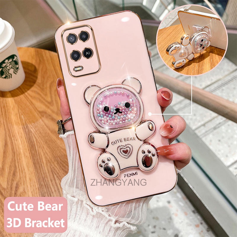 Ốp lưng oppo a54 Ốp Điện Thoại tpu Dẻo Mạ Màu 3D In Hình Gấu Nhỏ Đáng Yêu Có Giá Đỡ Cho oppo a54