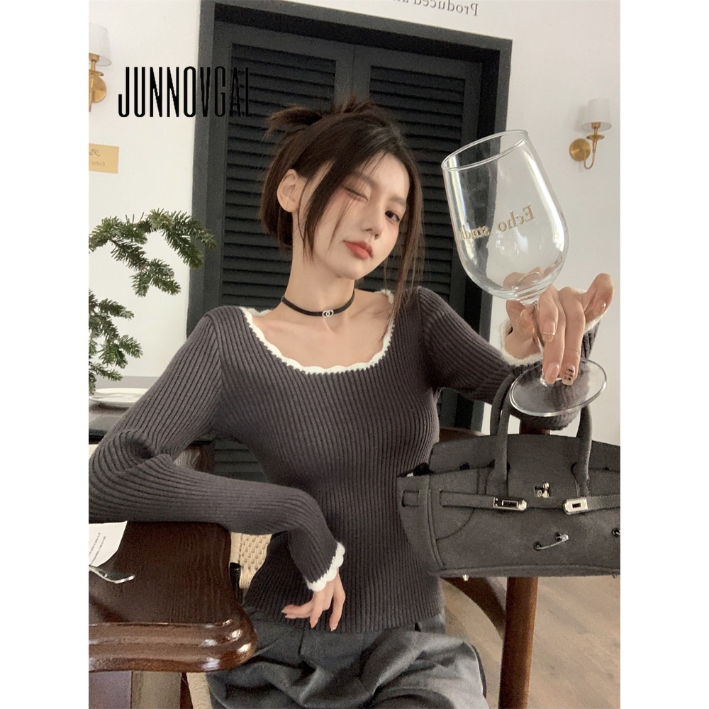 Junnovgal Áo Thun Tay Dài Cổ Chữ u Màu Trơn Dáng Ôm Thời Trang 2023 Dành Cho Nữ