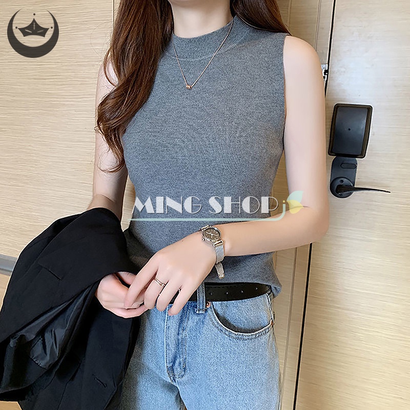 Áo Dệt Kim Sát Nách Cổ Lọ Màu Trơn Thời Trang Mùa Hè Cho Nữ