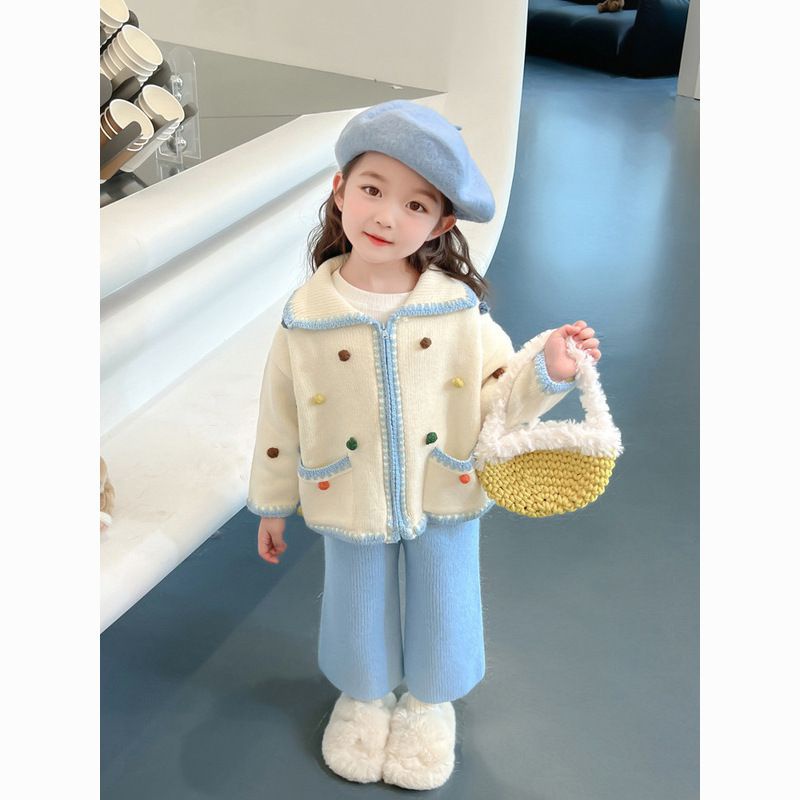 Áo Sweater Dệt Kim Phối Bóng Lông Nhỏ Dễ Thương Thời Trang Thu Đông Cho Bé Gái