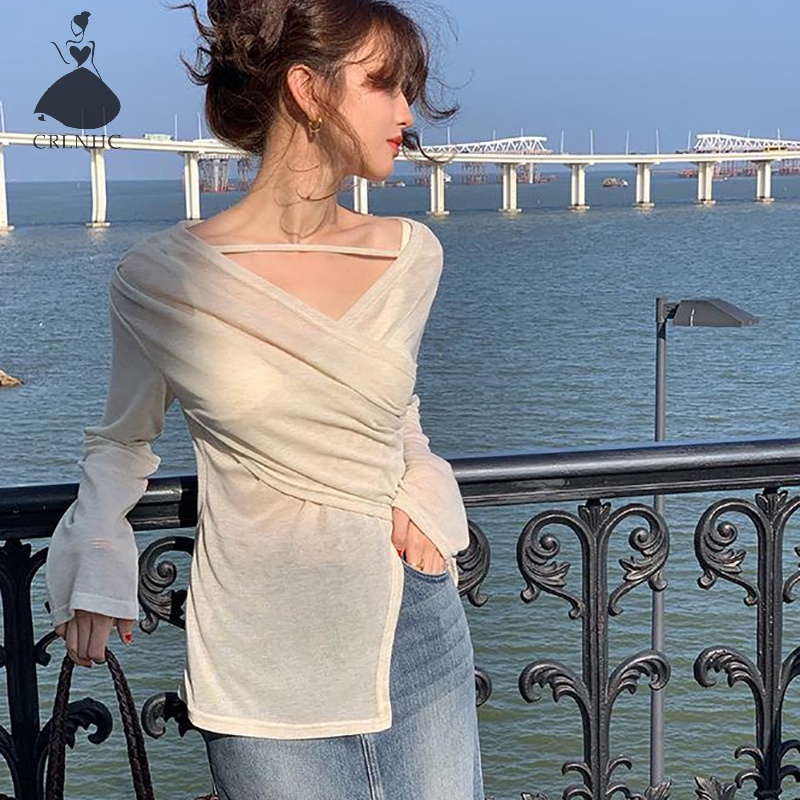 Áo Thun Tay Dài Cổ Chữ v Màu Trơn Thời Trang vintage Dành Cho Nữ vn