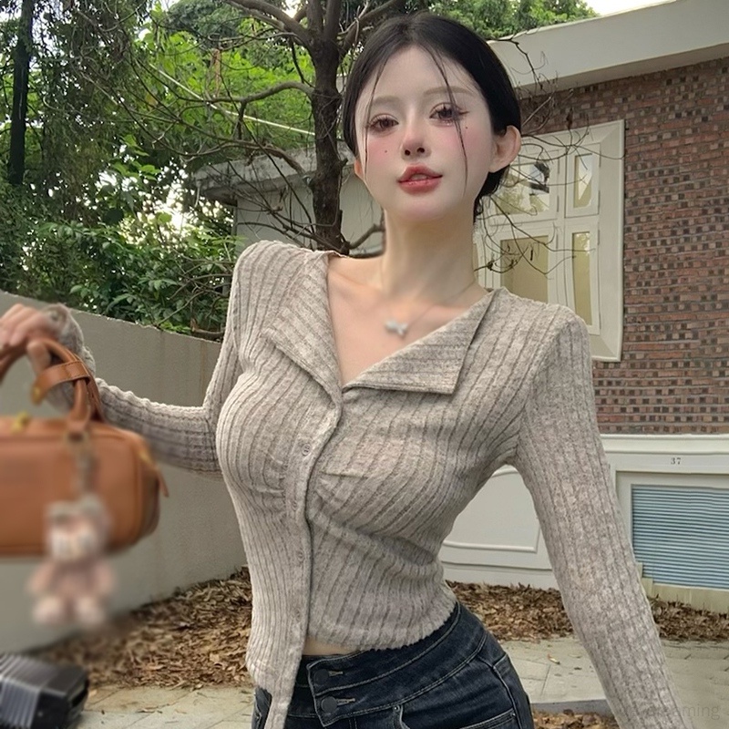 Áo croptop Dệt Kim Màu Trơn Dáng Ôm Thời Trang Cho Nữ
