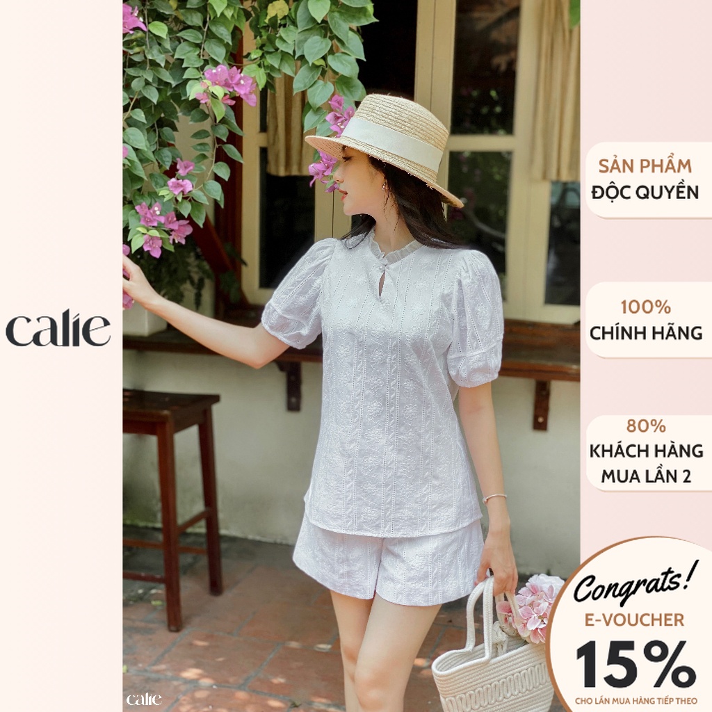 Set áo kiểu nữ cách điệu cổ bèo tay bồng phối quần short Calie AC260 QS028