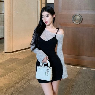COZOK Đầm Dệt Kim Tay Dài Dáng Ôm Màu Sắc Tương Phản Thời Trang Cho Nữ