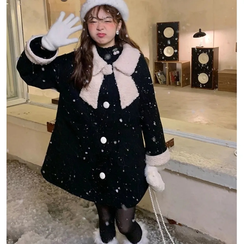 Sugemiusi Áo Khoác Len Lông Cừu Cổ Búp Bê Thắt Nơ Phong Cách Giáng Sinh Năm Mới