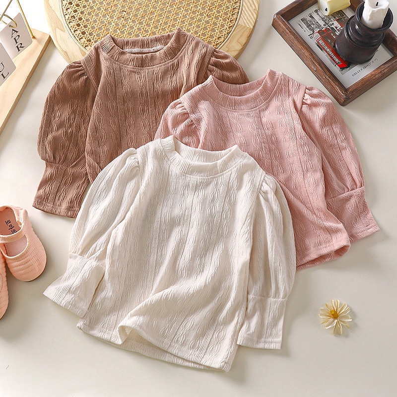 Áo Thun Tay Phồng Dài Cổ Tròn Màu Trơn Thời Trang Xuân Thu Phong Cách Hàn Quốc Cho Bé Gái 3-7 Tuổi
