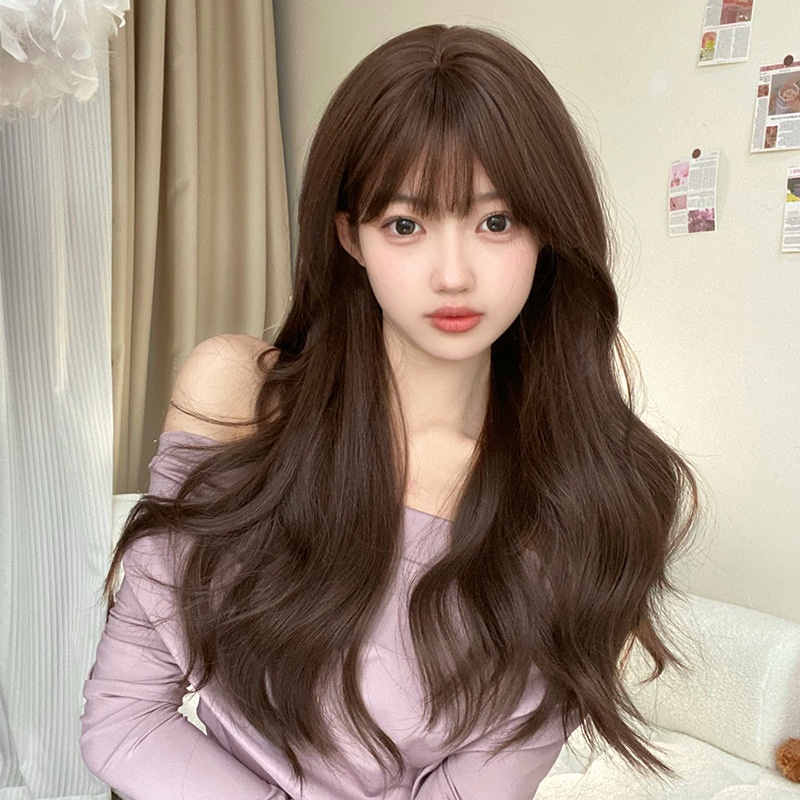 Bộ Tóc Giả Dài Xoăn Màu Hồng Nhạt Kèm Mái Bằng Sợi Tổng Hợp Phong Cách lolita Dành Cho Nam Nữ