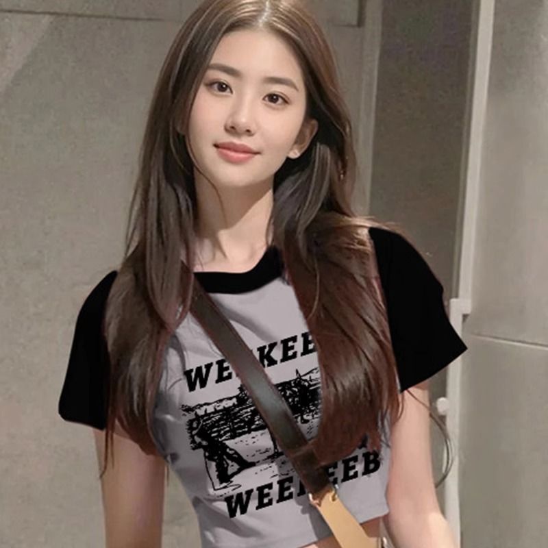 Áo baby tee Áo Thun Tay Ngắn Dáng Ôm Màu Sắc Tương Phản Phong Cách Mỹ Thời Trang Mùa Hè Cho Nữ