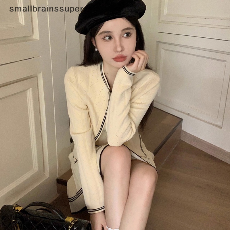 Smallbrainssuper set Áo Khoác cardigan Váy mini Xếp Ly Quyến Rũ Cho Nữ  sbs