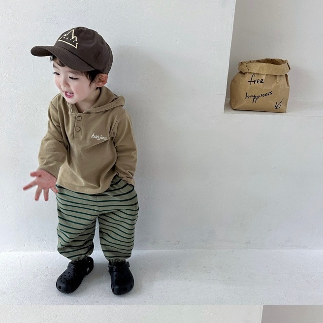 Áo Hoodie Tay Dài Kẻ Sọc Màu Trơn Thêu Chữ Thời Trang Mùa Thu Cho Bé Trai 1-3 Tuổi