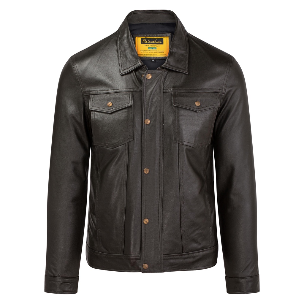 Áo khoác da nam, áo da thật cao cấp Fttleather Trucker Jacket Da Bò Túi Hộp - AD405B