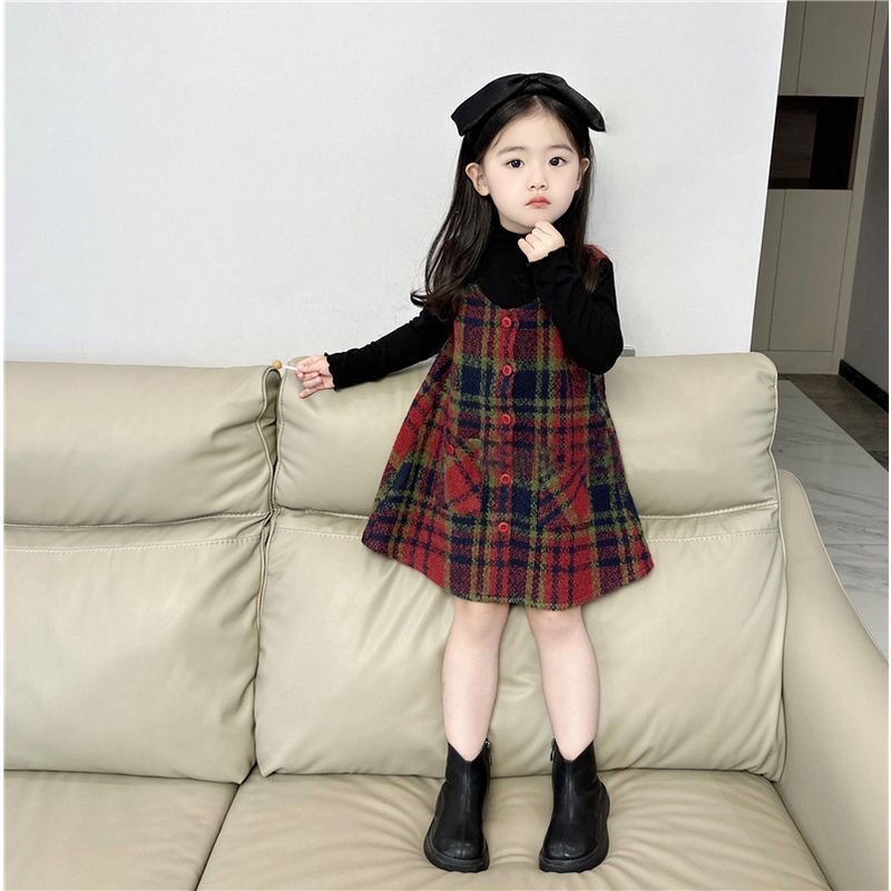 Set Áo Váy Len Họa Tiết Caro Thời Trang Mùa Thu Cho Bé Gái