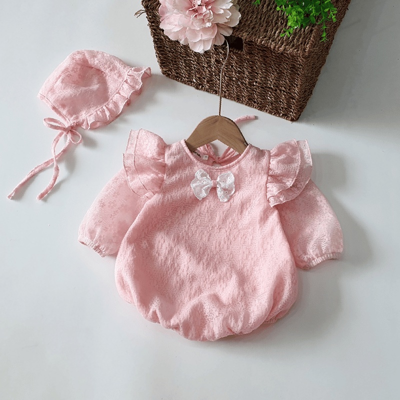 Bodysuit Cho Bé Gái Sơ Sinh Dài Tay Body Chip Cho Bé Màu Hồng Ren Hoa Nút Chéo Váy Cho Bé Gái