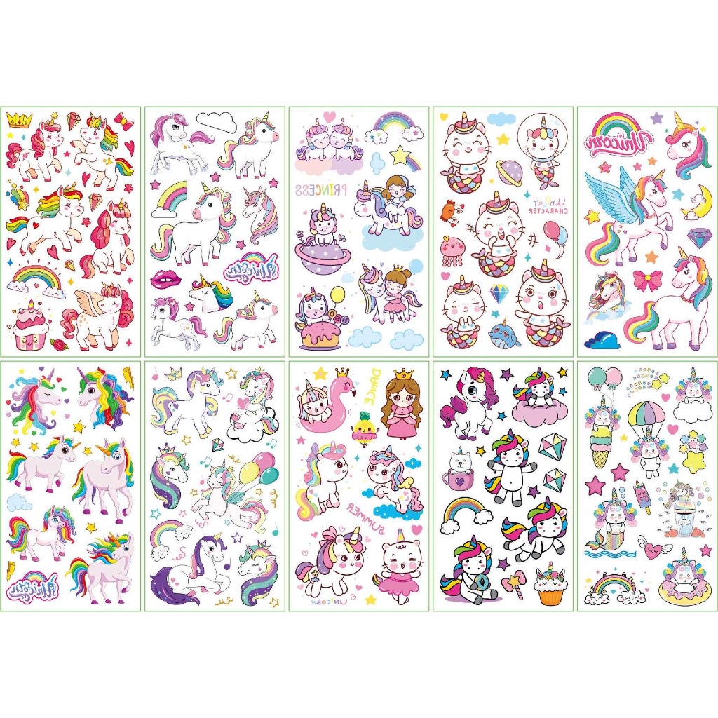10 Miếng Hình Xăm Tạm Thời Sáng Bóng Màu Sắc Cho Bé Trai Bé Gái Với Hình Ảnh Kỳ lân, Phi hành gia, Động vật Chống Nước