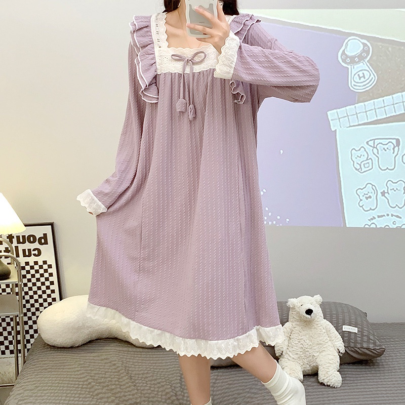 Đầm Ngủ Tay Dài Phối Ren Đơn Giản Phong Cách Công Chúa Hàn Quốc Thời Trang Xuân Thu Hàng Mới Dành Cho Bạn Nữ HXVN1015