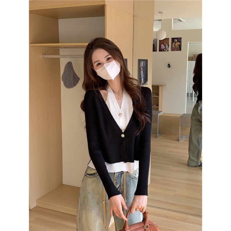 Áo cardigan Cổ Chữ v Tay Dài Giả Hai Lớp Màu Sắc Tương Phản Thời Trang Mùa Thu Cho Nữ