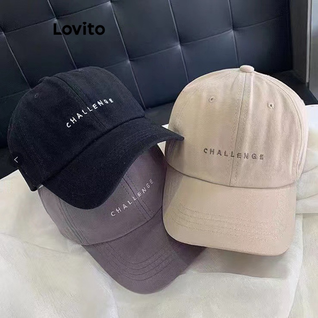 Lovito Mũ thêu trơn thông thường cho nữ LFA01072 (Tắt Trắng/Đen)