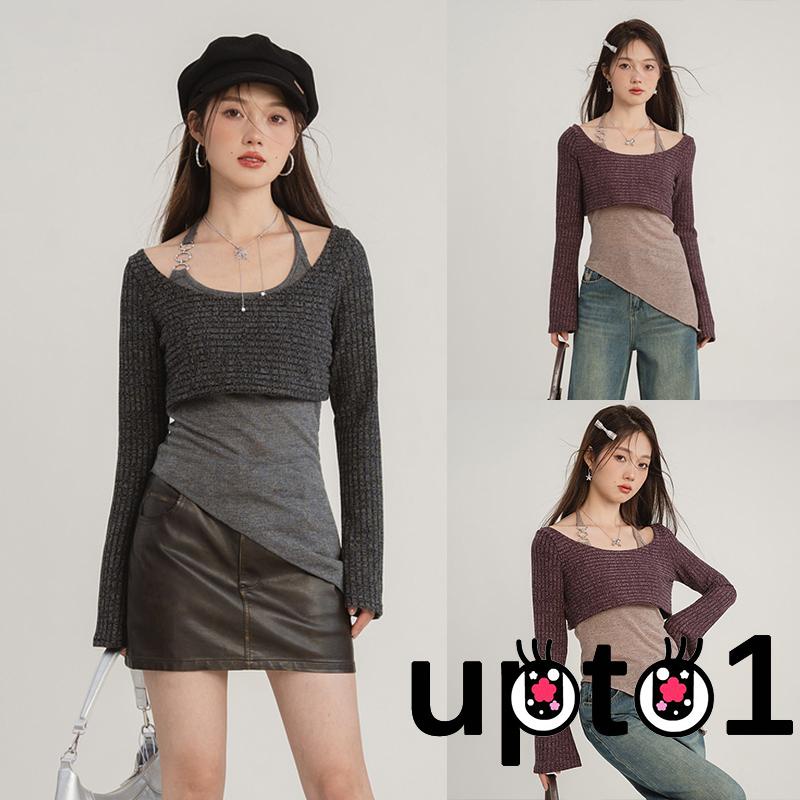 Up-áo Croptop Dệt Kim Tay Dài Hở Lưng Không Tay Cột Dây Màu Trơn Cho Nữ