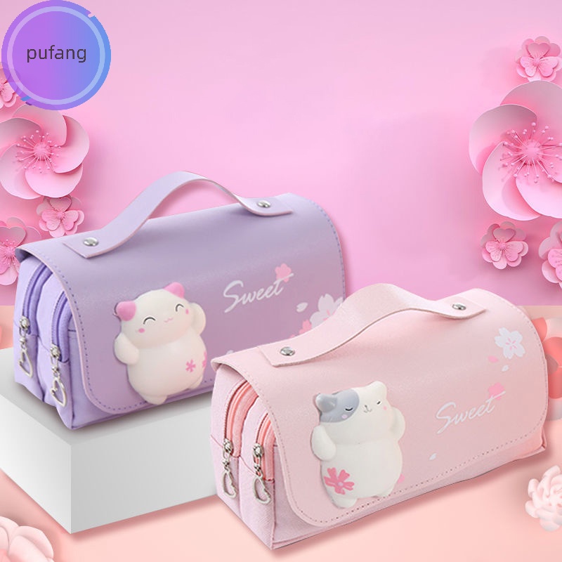 Pufang Túi Đựng Bút Hai Lớp Sức Chứa Lớn In Hình Mèo Dễ Thương Cho Nữ vn