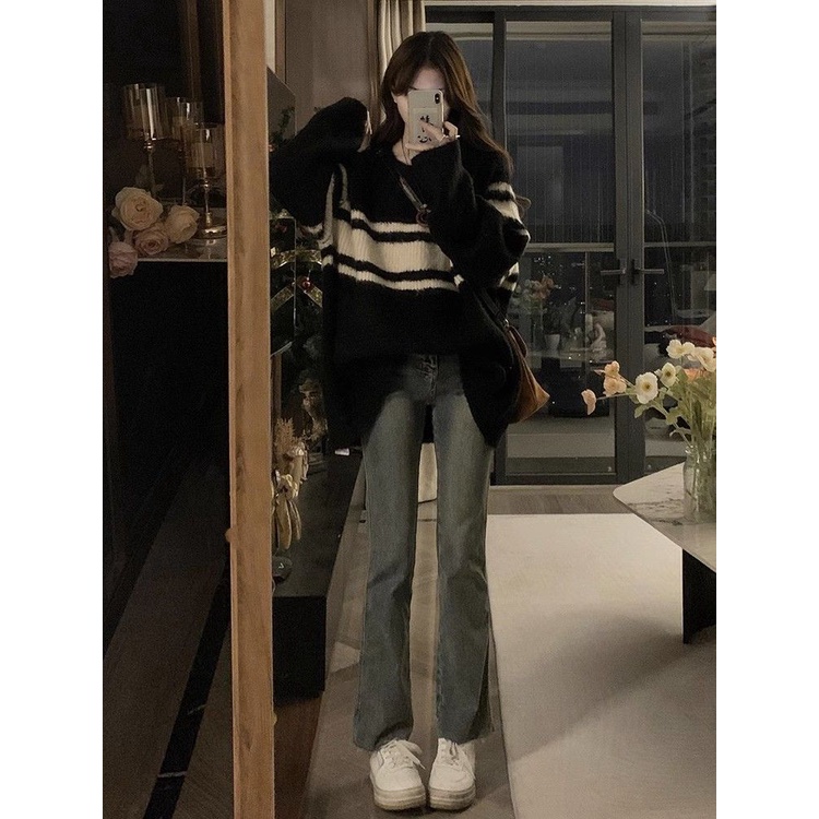 Đen Áo sweater Kẻ Sọc Dáng Rộng Thời Trang Thu Đông Dành Cho Nữ