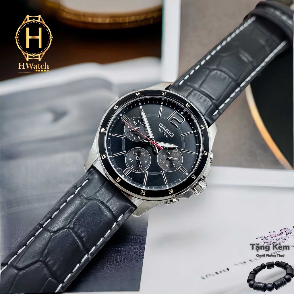 Đồng Hồ Nam Casio Pin MTP-1374L-1AVDF Dây Da Đen Vỏ Thép Không Gỉ Mặt Đen