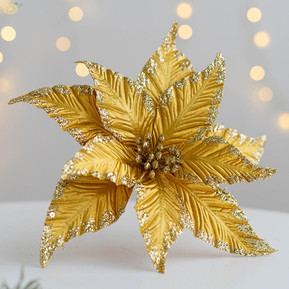 Christmas Flower Decor Glitter Plastic Poinsettia Christmas Tree Decoration