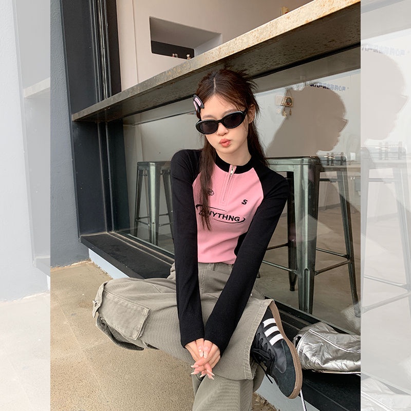 Áo Thun Dài Tay Ôm Dáng Phối Khóa Kéo In Chữ Thời Trang Mùa Thu Cho Nữ