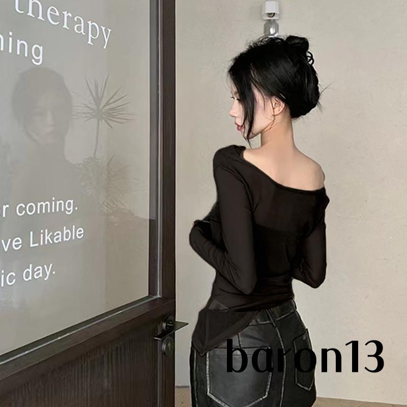 Xo8k-bộ 2 Món Áo Tay Dài Hở Vai Cổ Yếm Xuyên Thấu Cơ Bản Dành Cho Bạn Nữ