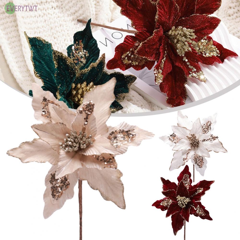 ⭐NEW ⭐28cm Christmas Poinsettia Glitter Flower Hanging Xmas Party Tree Decoration
