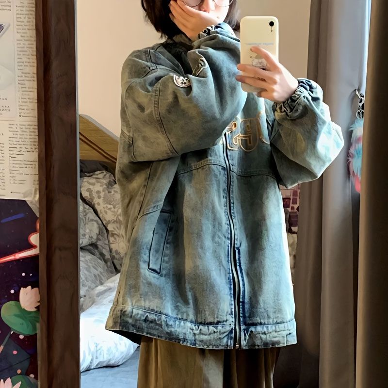 Áo Khoác Jean Dáng Rộng Có Khóa Kéo Thêu Họa Tiết Phong Cách Cổ Điển Hồng Kông Cho Nam Và Nữ zyq147