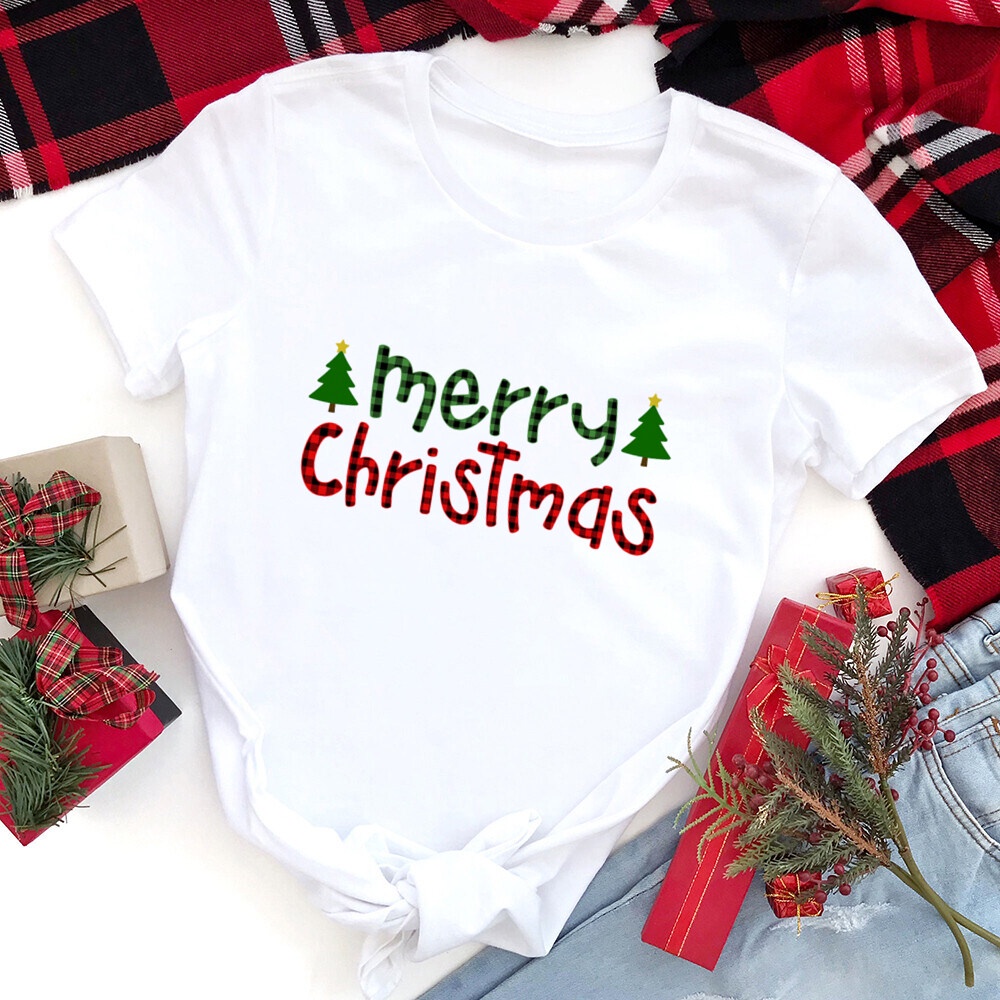 Thời Trang Áo Thun Tay Ngắn Màu Trắng In Hình Bông Tuyết Giáng Sinh Dễ Thương Cho Nữ