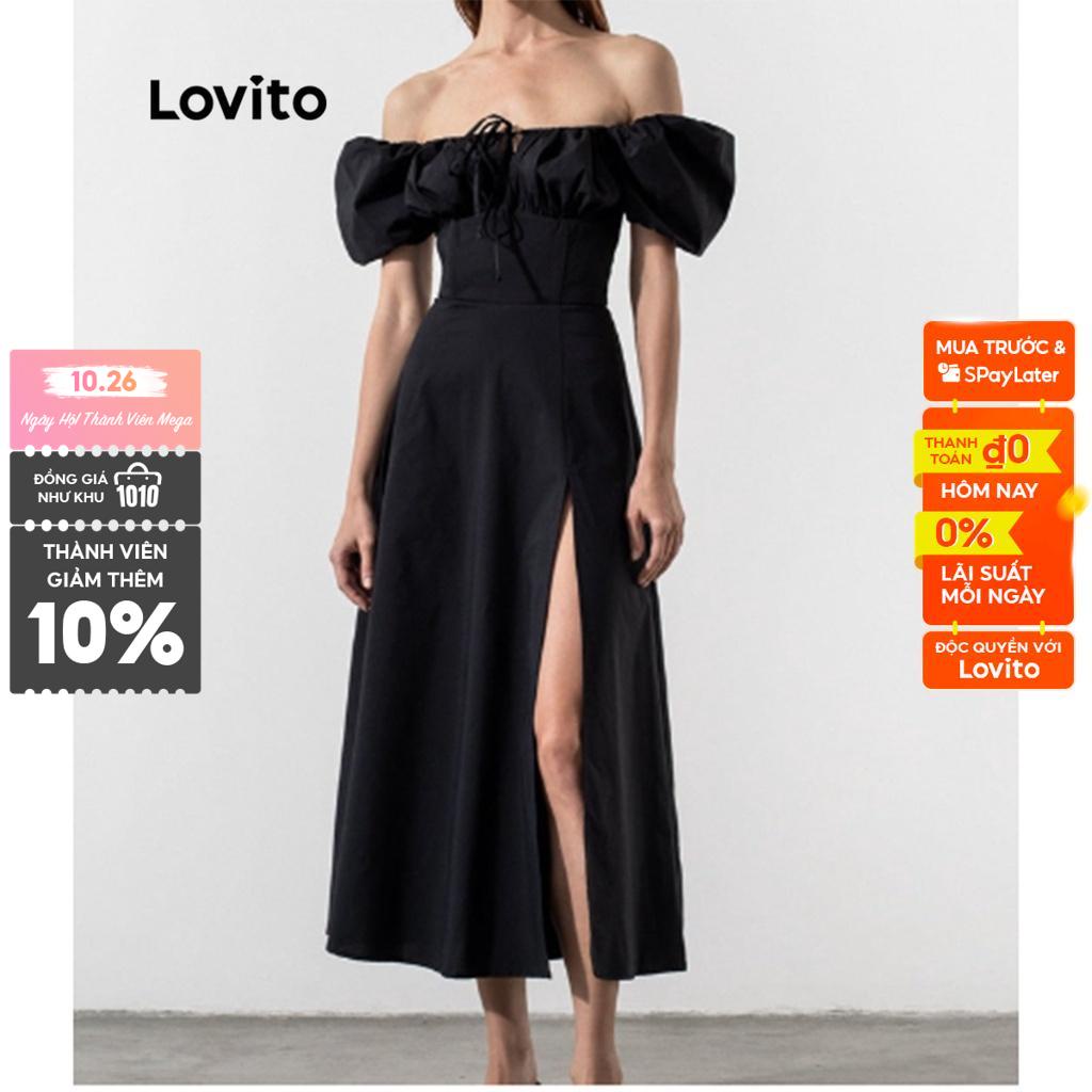 Đầm Lovito tay phồng phối ren phối ren thời trang thanh lịch cho nữ LNL01076 (màu đen)
