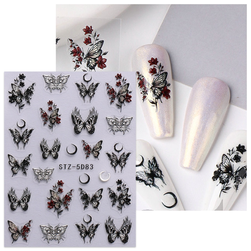 Hama Đề Can 5d Nổi Hình Hoa Hồng Và Bướm Màu Trắng Đen retro Trang Trí Móng Tay