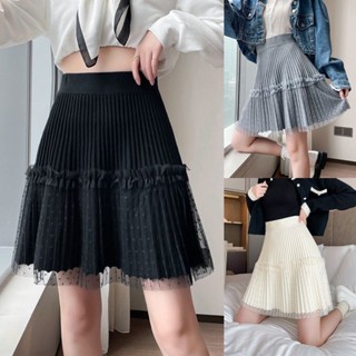 Mới Chân Váy Len Ngắn Xếp Ly Phối Lưới Thiết Kế Dễ Thương Cho Nữ