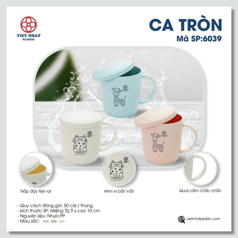 Cốc nhựa có Nắp Việt Nhật ( MS: 6039 ) chịu nhiệt tốt, cốc uống nước màu sắc xinh xắn có quai câm