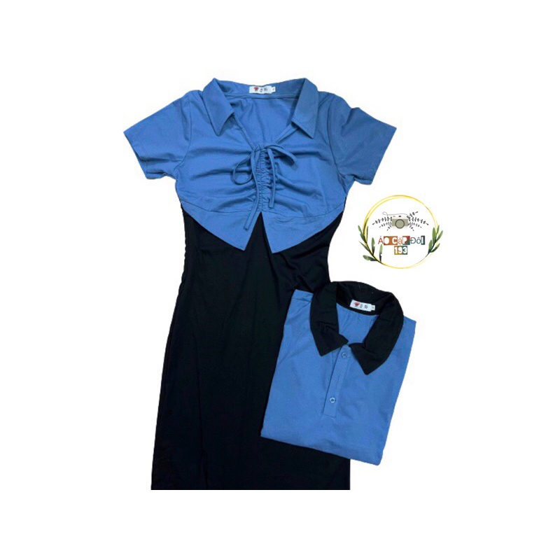 Váy thun đôi nam nữ cổ bẻ rút thun xẻ tà dễ thương xanh navy phối đen