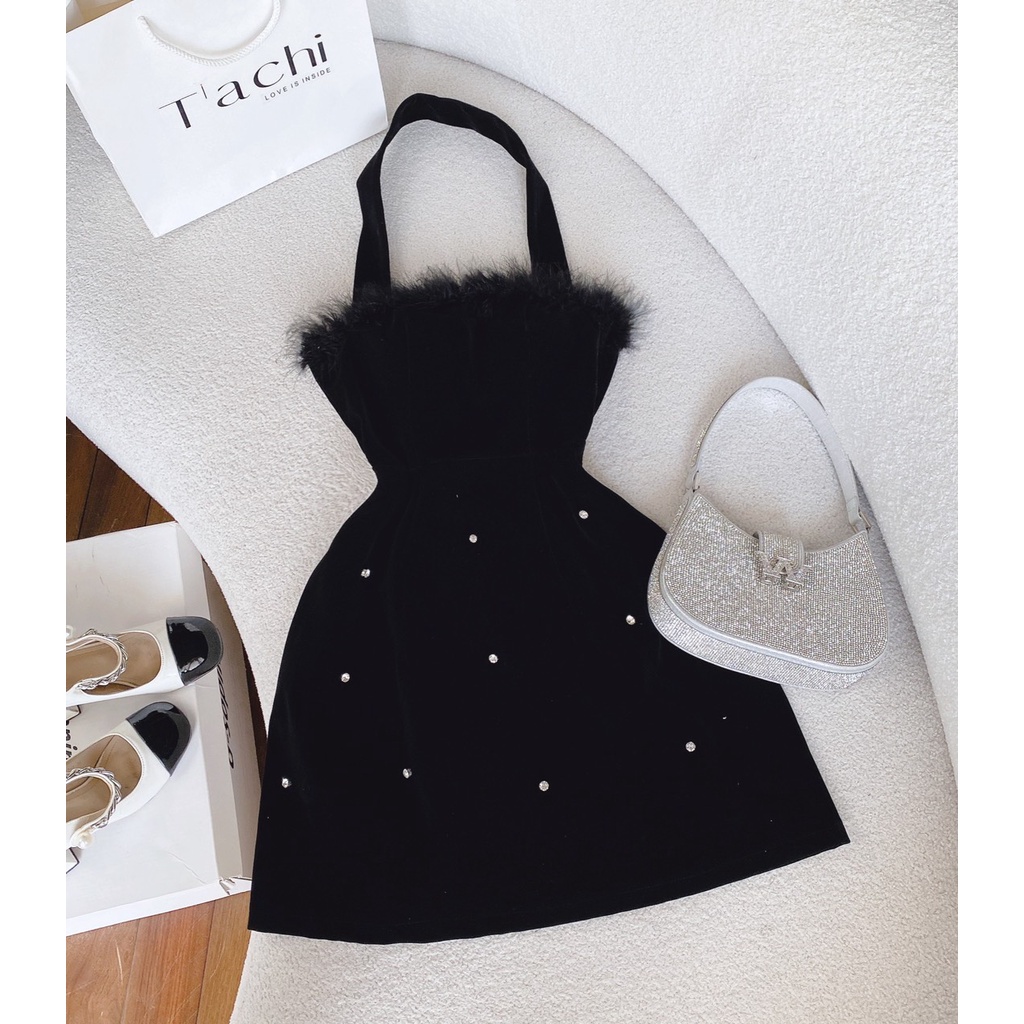 ĐẦM ĐEN ĐÍNH ĐÁ PHỐI LÔNG VŨ CHOÀNG YẾM SAU