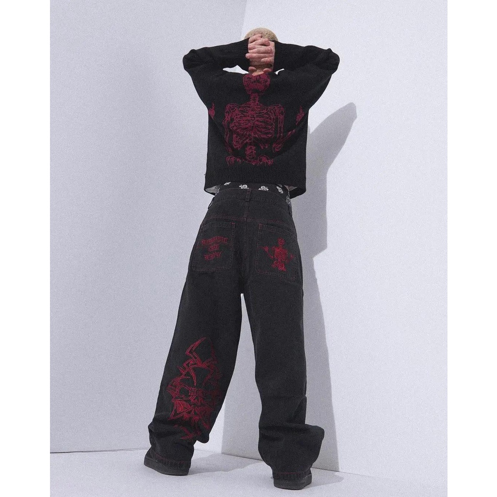 Quần jeans baggy Ống Rộng Thêu Hình Đầu Lâu Phong Cách hip hop Thời Trang Cho Nam y2k