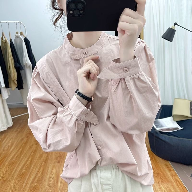 Áo Sơ Mi cotton Cổ Đứng Tay Dài Phồng Dáng Rộng Thời Trang Mùa Thu Hàn Quốc 2023 Dành Cho Bạn Nữ