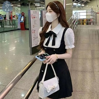 [pandab] Đầm mini Giả Hai Lớp Tay Phồng Ngắn Thanh Lịch Mùa Hè Phong Cách Pháp Cho Nữ