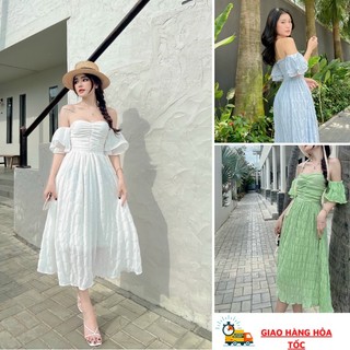 Váy maxi trễ vai chạy mocking siêu mát phù hợp đi biển, đi dự tiệc