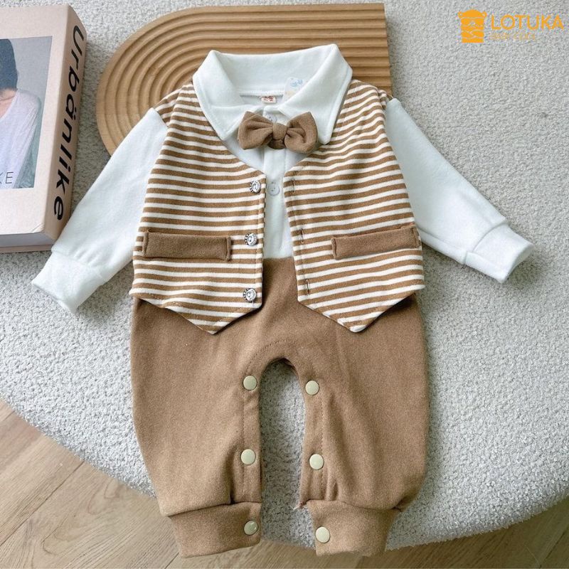 Bodysuit Công Tử LOTUKA Lót Lông Nhung Ấm Áp Lịch Lãm Cho Bé Trai, Body Dài Tay Cho Bé, Quần Áo Trẻ Em Size 3-12kg