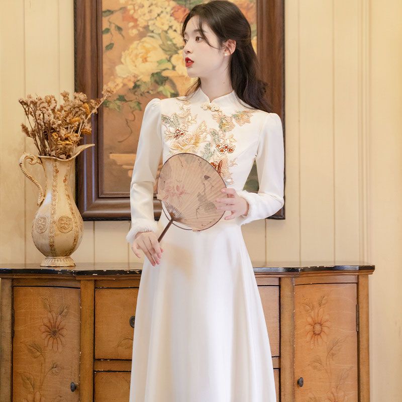 Đầm Sườn Xám Trung Hoa Mỏng Kiểu Mới Mùa Đông Cho Nữ