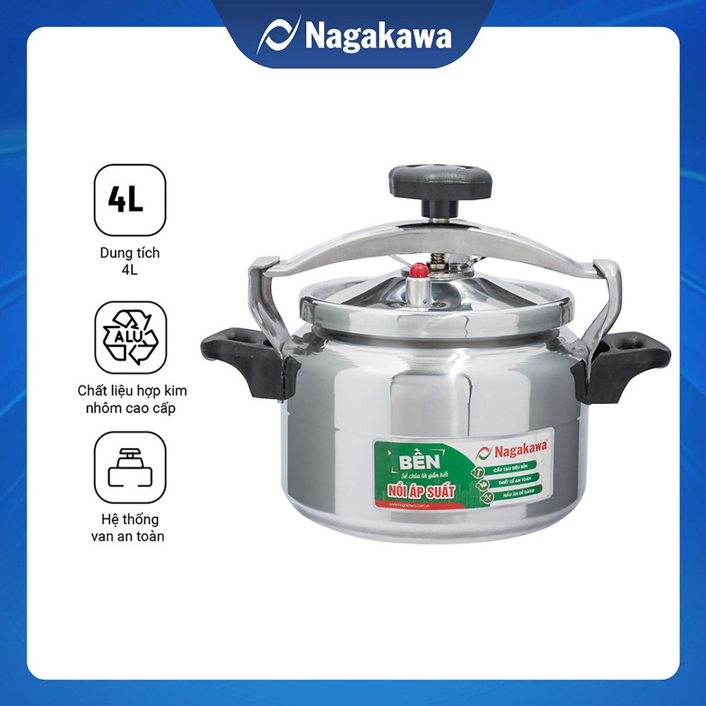 Nồi áp Suất Cơ Nagakawa NAG1441  - Làm Bằng Hợp Kim Nhôm Cao Cấp Siêu Bền - Dùng Với Bếp Gas, Bếp Hồng Ngoại - Hà
