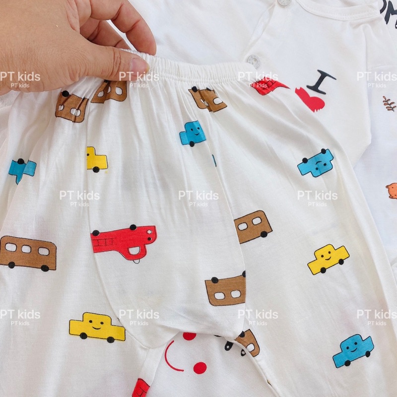 Bộ dài tay cài thẳng trắng hoạ tiết Pjkids chất thun lạnh loại 1 cho bé