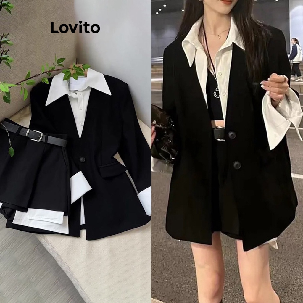 Lovito Áo khoác blazer giả 2 trong 1 có nút chắp vá thông thường dành cho nữ LNA35030 