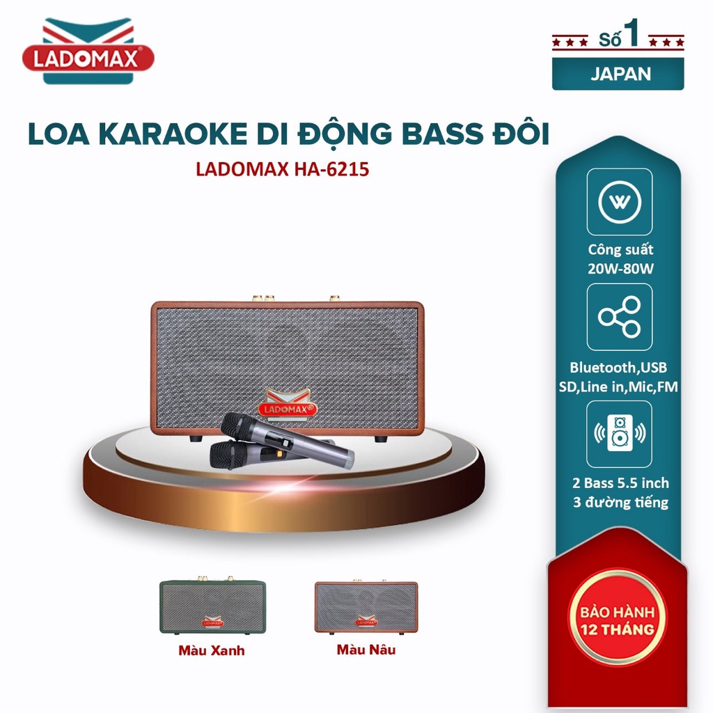 Loa Karaoke xách tay Ladomax HA-6215 có chức năng Chống hú & Lọc nhiễu, sử dụng 4 - 6 giờ